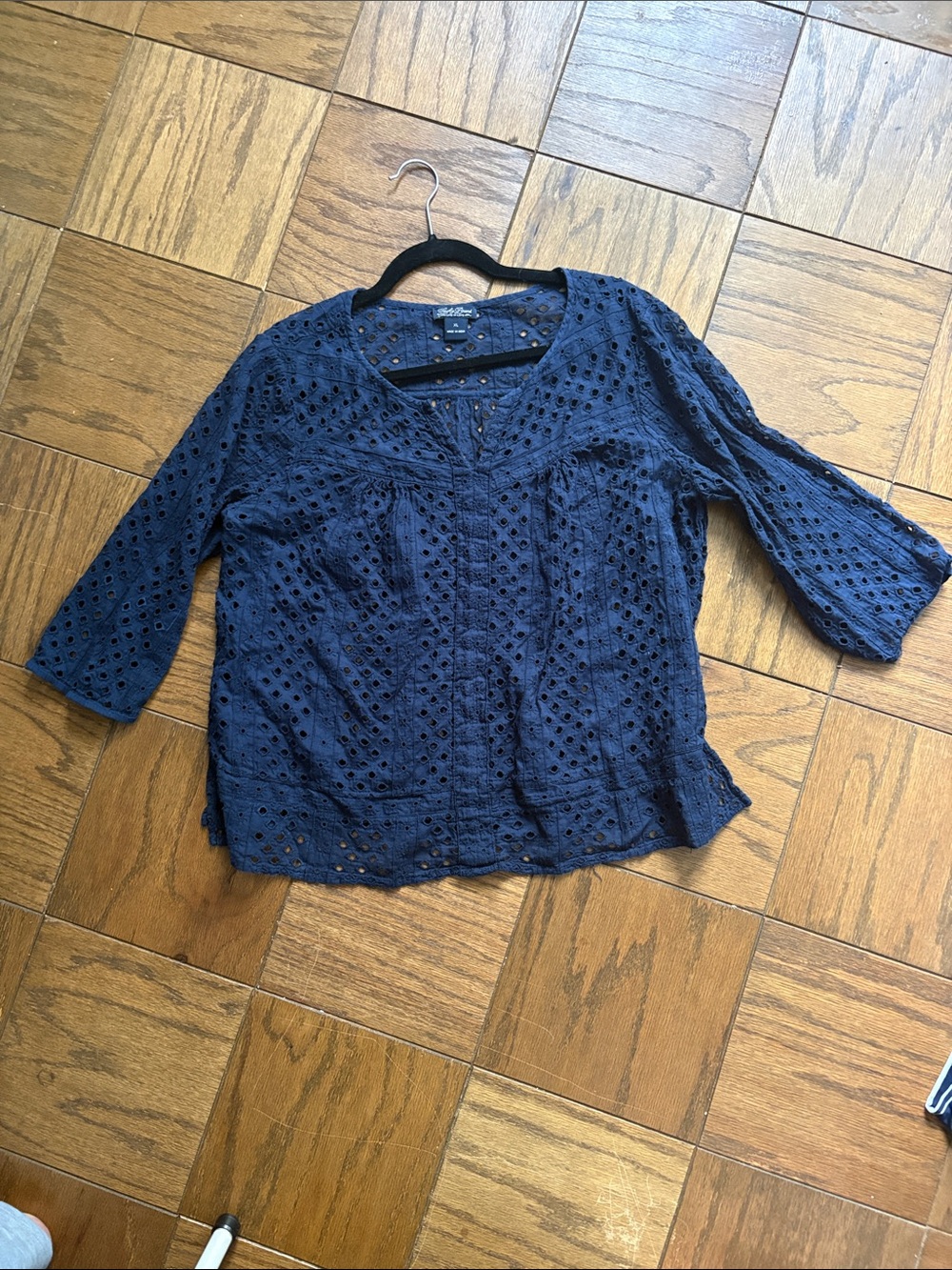Lucky Brand Navy Eyelet Peasant Blouse